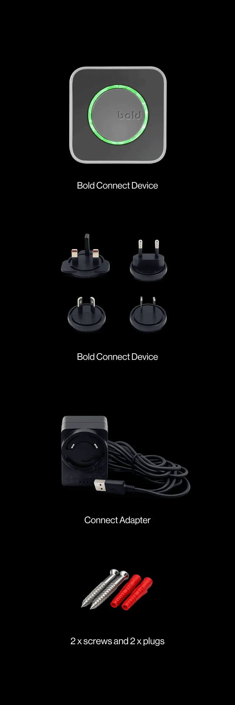 What's in the box: a Bold Connect with a USB-C power adapter and four plug attachments