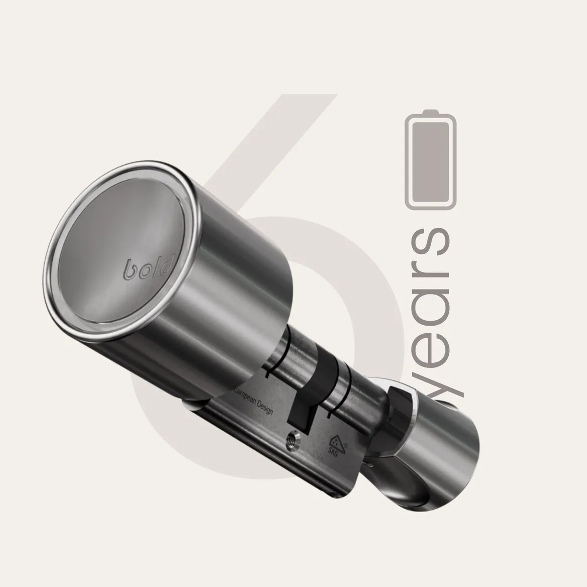 A Bold smart lock cylinder beside a battery icon and a large 6, for six years of battery life