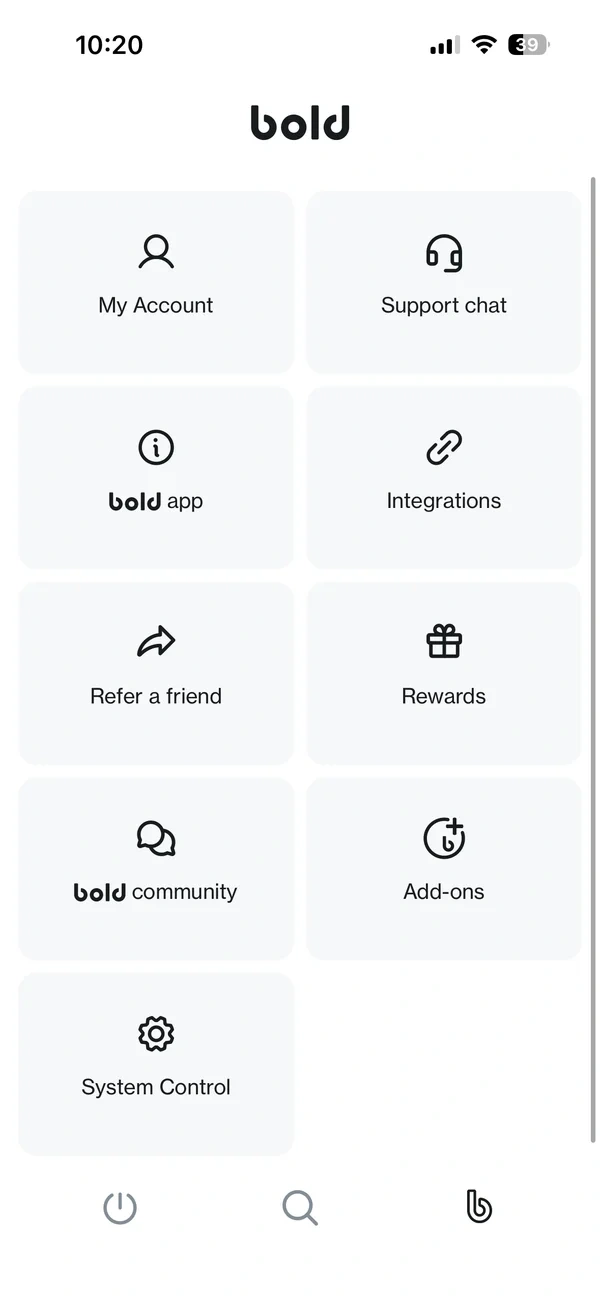 Bold app menu with account, support chat, integrations and more