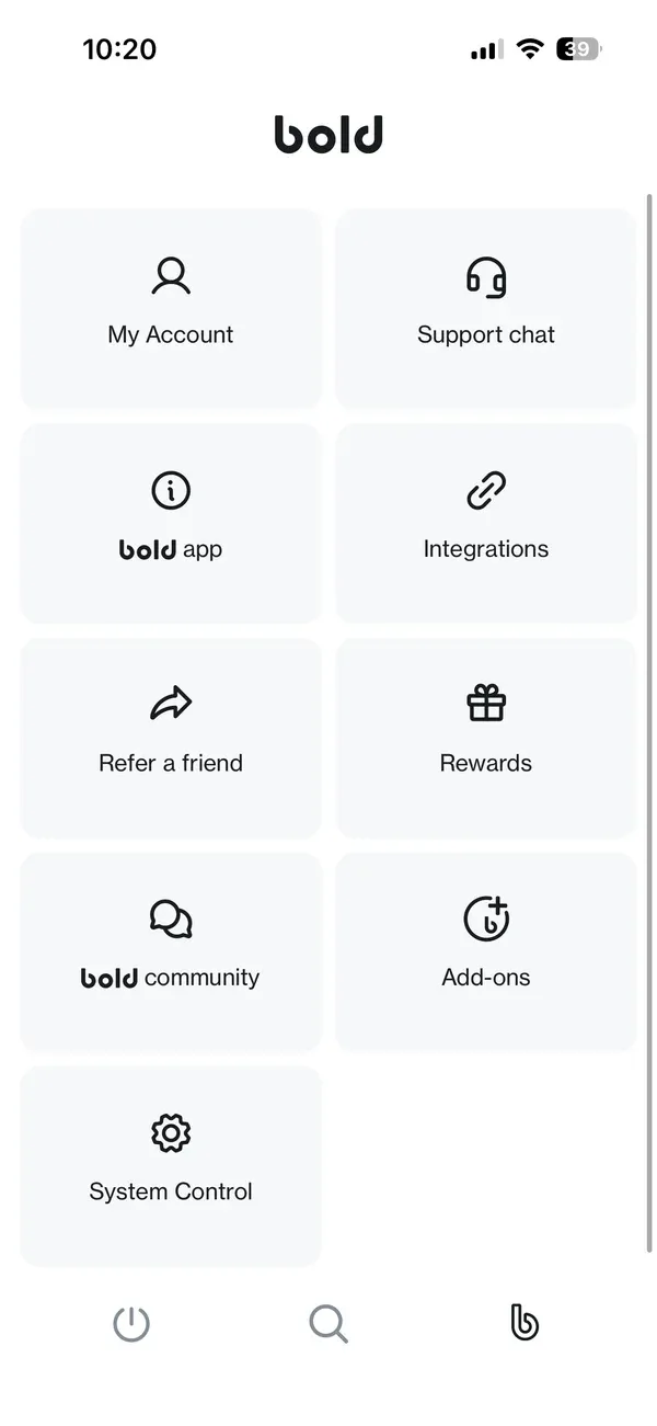 Menu van de Bold app